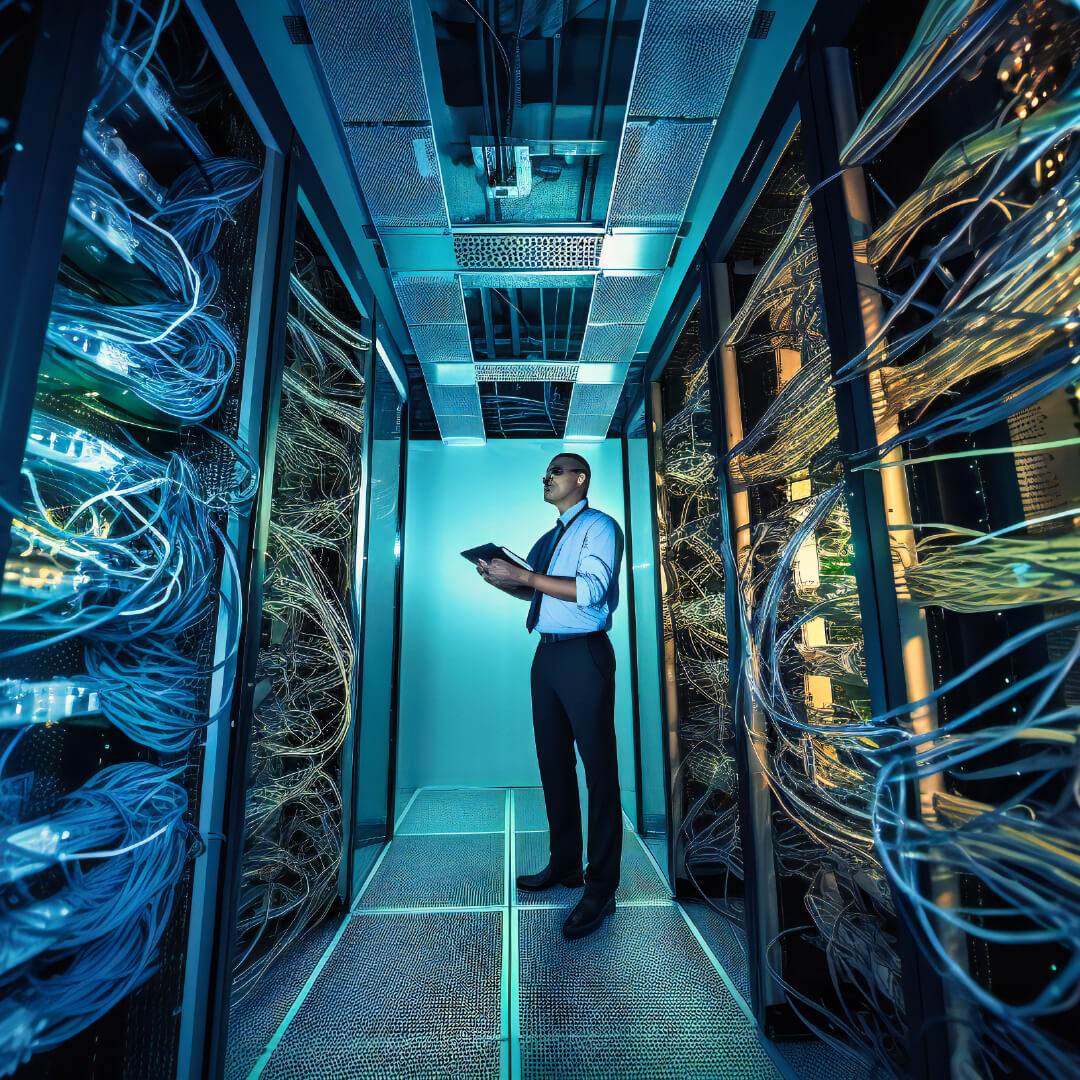 Una persona supervisando la conexión de una red en un centro de datos